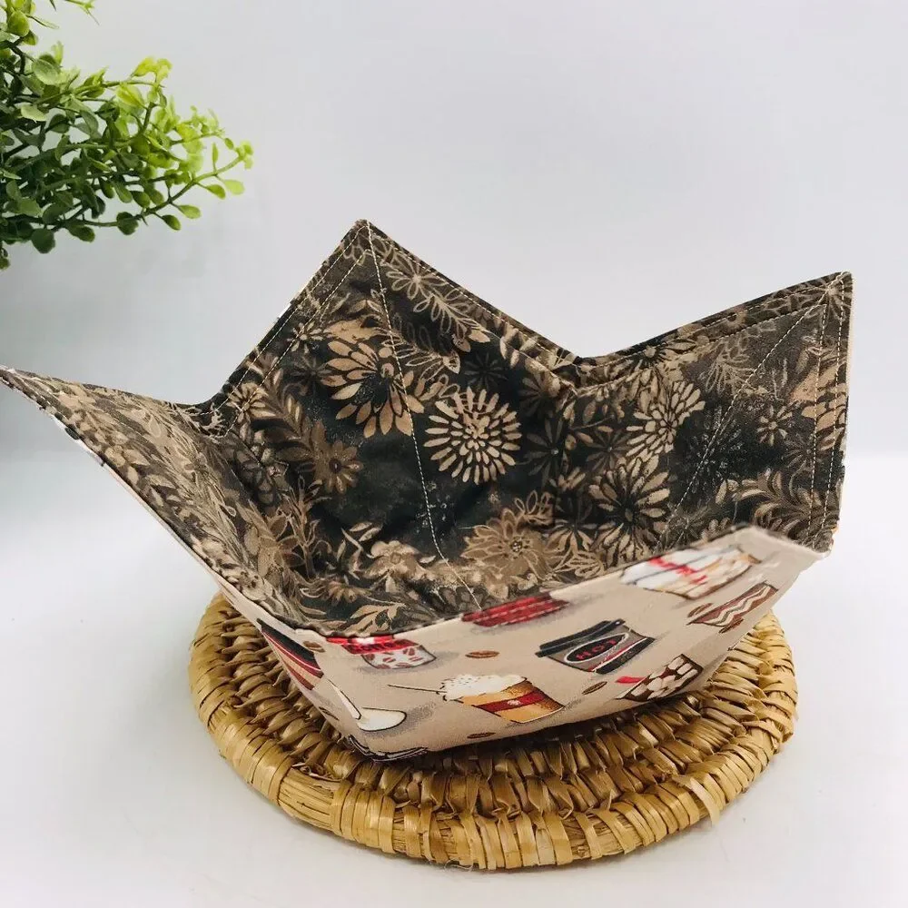 Set of 4, Microwave Soup Bowl Cozy, Coffee and Floral Print, Reversible